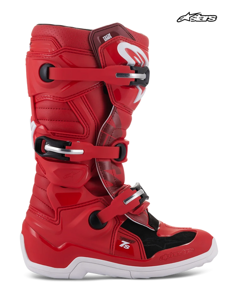 Alpinestars Youth Tech 7S Boots, youth motocross off-road boots, red and white, CE certified with buckle closure system and pivot design, side profile view