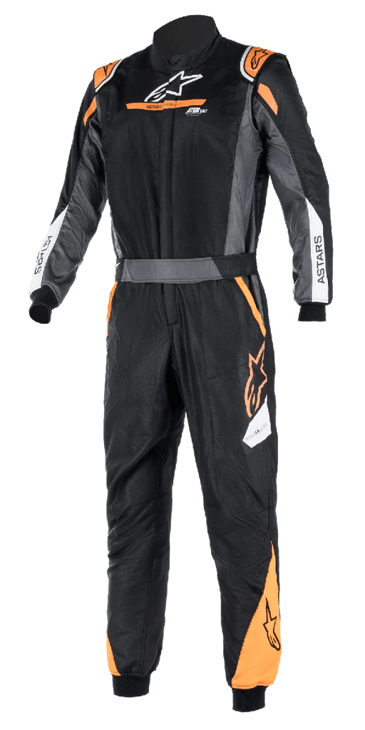 Alpinestars Atom FIA Graphic Suit, Black and Anthracite with Orange Fluo accents, one-piece FIA-certified auto racing suit, high collar, ASTARS branding on sleeves, professional motorsport and track competition gear