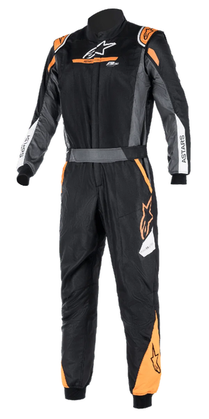Alpinestars Atom FIA Graphic Suit, Black and Anthracite with Orange Fluo accents, one-piece FIA-certified auto racing suit, high collar, ASTARS branding on sleeves, professional motorsport and track competition gear