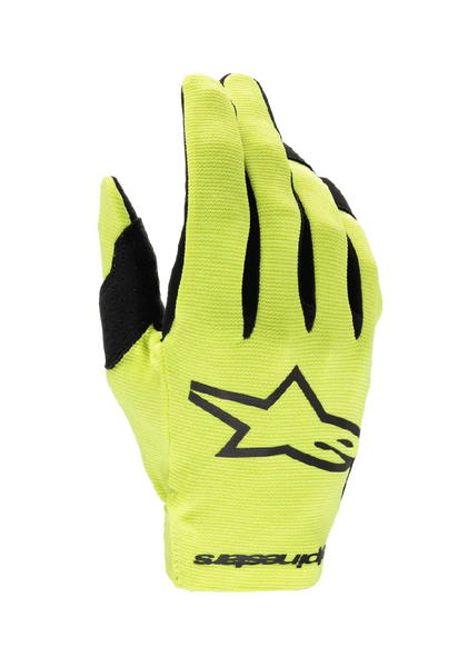 Alpinestars 2024 Youth Radar Gloves, Motocross Gloves, Yellow Fluo and Black, featuring a large black star logo on the backhand, lightweight stretch fabric with black finger accents, performance youth racing protection