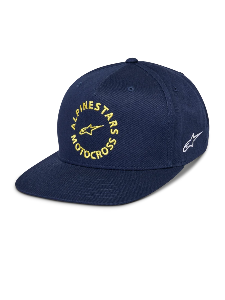 Alpinestars MX Snapback Hat, Navy Blue, Flat Bill with Structured Crown, Front Yellow Embroidered Alpinestars Motocross Graphic, Side White Astars Logo, Cotton Twill, Casual Motorsport Headwear