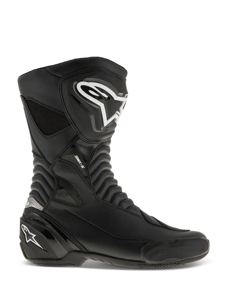 Alpinestars SMX S Boots, Motorcycle Racing Boots, Black with White logos, side profile view featuring durable microfiber construction, reinforced shin and heel protection, flexible accordion flex zones, and a sleek aerodynamic design for sport riding.