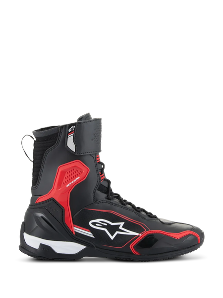 Alpinestars Superfaster Shoes, Motorcycle Riding Shoes, Black Bright Red and White, side view featuring a tall collar, red TPU impact protection, and white Alpinestars logo, sport-oriented protective road footwear