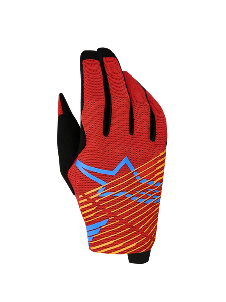 Alpinestars Radar Pro Gloves 2027, red and black motocross racing gloves with 4-way stretch mesh and star graphic.