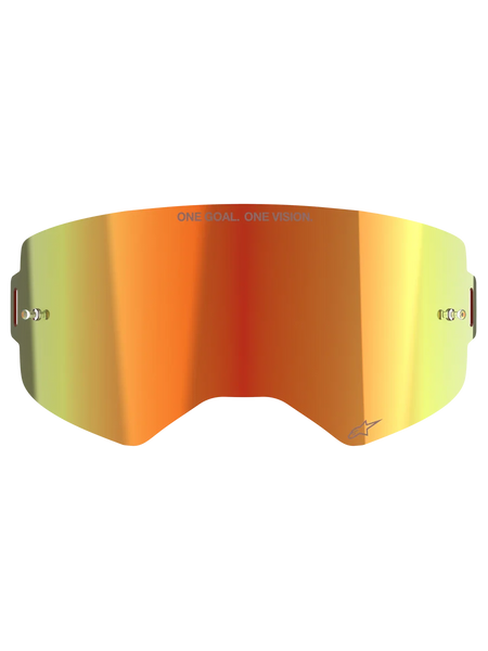 Alpinestars Supertech Mirror Lens, Motocross Goggle Replacement Lens, Mirror Red with orange and yellow gradient, featuring "ONE GOAL. ONE VISION." text, built-in tear-off posts, and reflective finish for off-road racing