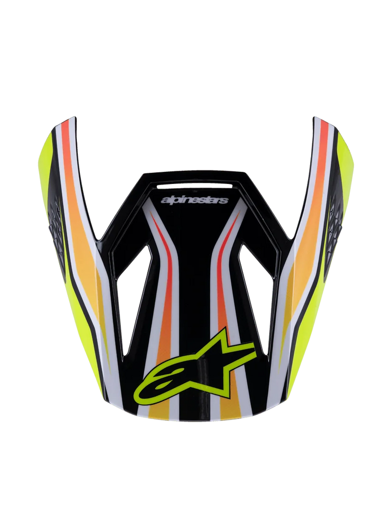 Alpinestars S-M3 Youth Wurx Visor, Motocross Helmet Visor, Black with Yellow Orange and Red stripes, featuring the yellow Alpinestars logo, glossy aerodynamic design, replacement peak for youth off-road racing