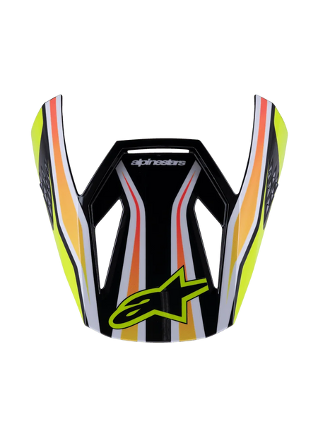 Alpinestars S-M3 Youth Wurx Visor, Motocross Helmet Visor, Black with Yellow Orange and Red stripes, featuring the yellow Alpinestars logo, glossy aerodynamic design, replacement peak for youth off-road racing