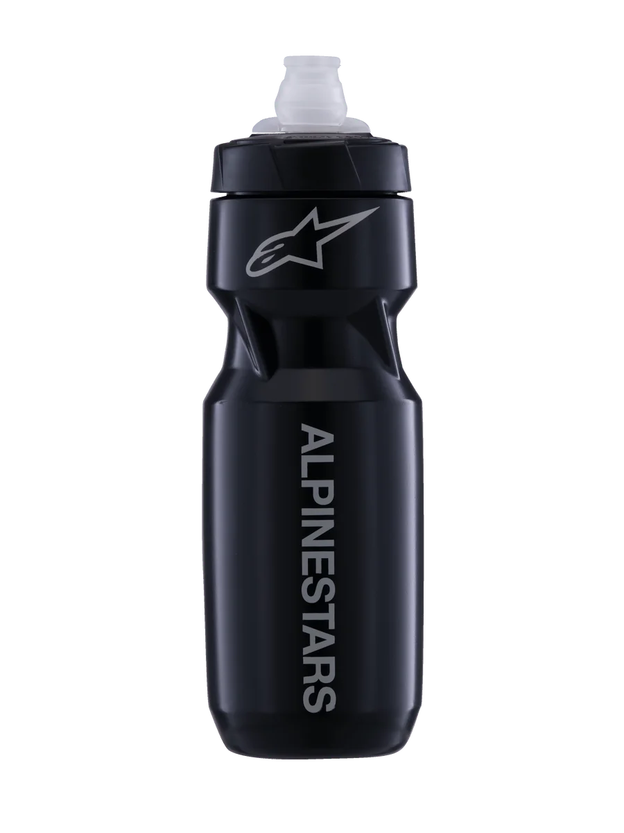 Alpinestars Water Bottle Alps, 24oz black and white MTB cycling bottle with a leak-proof MoFlo cap.
