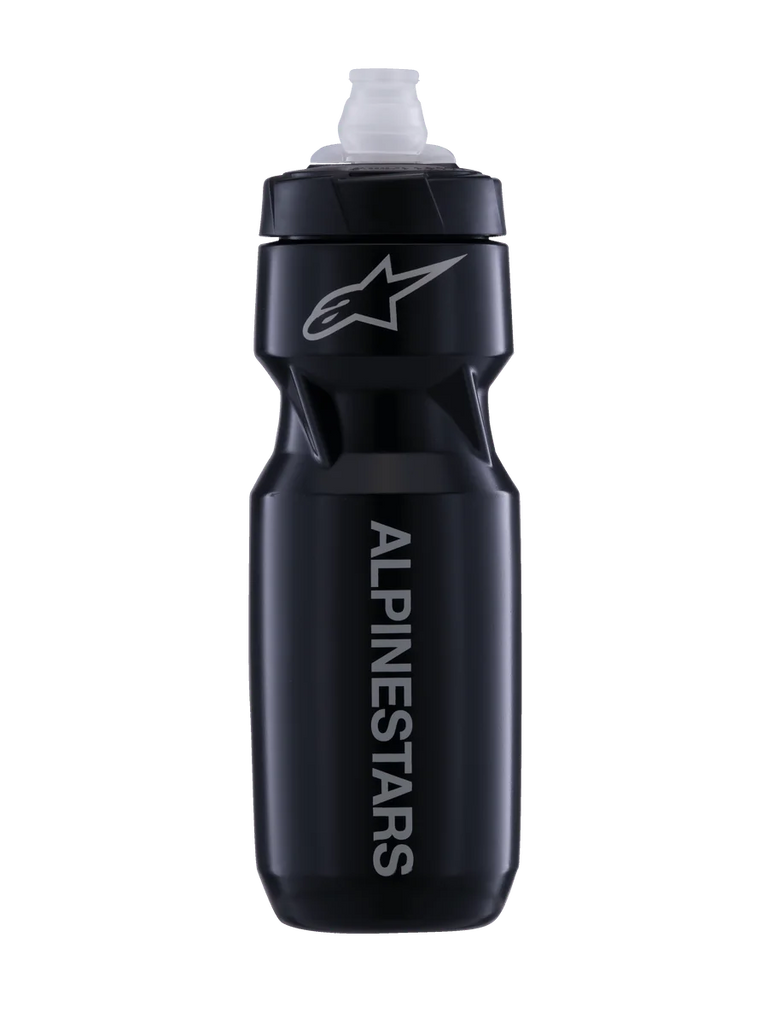 Alpinestars Water Bottle Alps, 24oz black and white MTB cycling bottle with a leak-proof MoFlo cap.