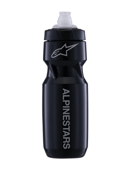 Alpinestars Water Bottle Alps, 24oz black and white MTB cycling bottle with a leak-proof MoFlo cap.