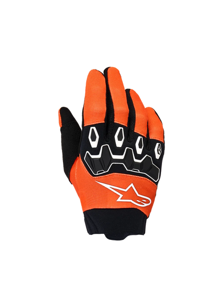 Alpinestars Youth & Kids Full Bore V2 Gloves, Motocross Gloves, Orange White and Black, featuring black TPR knuckle protection with white geometric patterns, white star logo, and black neoprene cuff, youth off-road riding gear