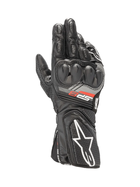 Alpinestars SP-8 V3 black motorcycle racing gloves featuring SP dual density knuckle protection and goat leather construction.
