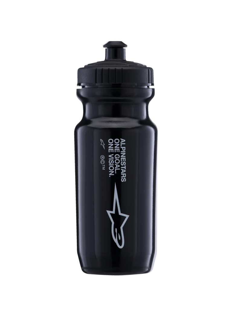 Alpinestars Ogov 20oz Water Bottle, black MTB squeeze bottle for trail hydration with hands-free valve and white branding.
