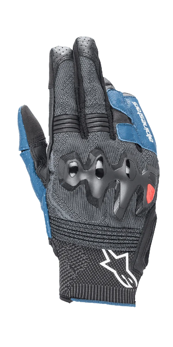 Alpinestars Morph Sport Gloves, Motorcycle Gloves, Black and Blue Sodalite, featuring over-injected knuckle guards, MorphTech Weave backhand with RIDEKNIT inserts, white star logo on the cuff, technical textured fabric for road racing