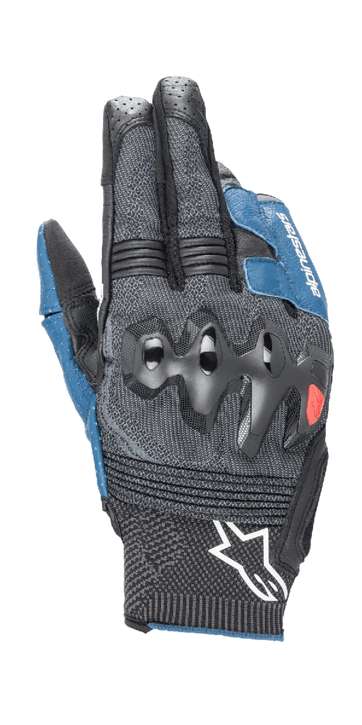 Alpinestars Morph Sport Gloves, Motorcycle Gloves, Black and Blue Sodalite, featuring over-injected knuckle guards, MorphTech Weave backhand with RIDEKNIT inserts, white star logo on the cuff, technical textured fabric for road racing