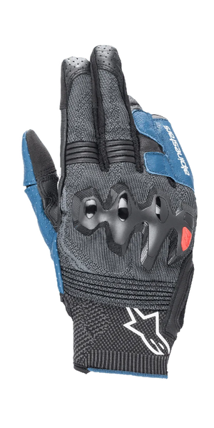 Alpinestars Morph Sport Gloves, Motorcycle Gloves, Black and Blue Sodalite, featuring over-injected knuckle guards, MorphTech Weave backhand with RIDEKNIT inserts, white star logo on the cuff, technical textured fabric for road racing