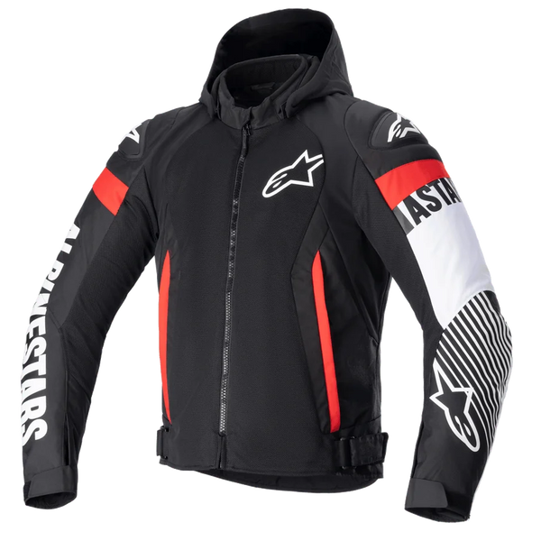 Alpinestars Zaca Air Jacket, Black textile motorcycle jacket with red and white fluo accents, featuring a detachable hood, 3D mesh panels for ventilation, bold white Alpinestars branding on sleeves, star logo on chest, and adjustable waist straps.