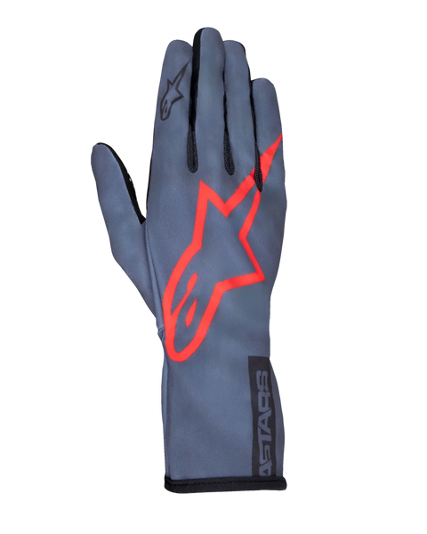 Alpinestars Tech-1 K Race V2 Pure Gloves, Karting Racing Gloves, Asphalt Gray and Red, featuring a large red star logo on the back, lightweight mesh construction, gauntlet cuff, sleek performance design for karting