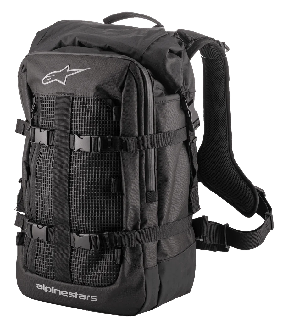 Alpinestars Rover Multi Backpack, Adventure Touring Backpack, Black, featuring a mesh front panel, adjustable compression straps with buckles, padded ergonomic shoulder straps, and robust textile construction for motorcycle commuting and adventure riding