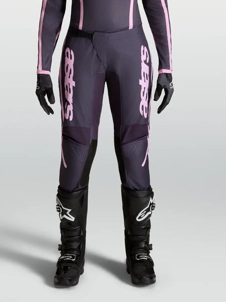 Alpinestars Stella Fluid Apex V2 Pants, Women's Motocross Pants in Graystone and Old Pink with pre-curved leg construction and ratchet closure.