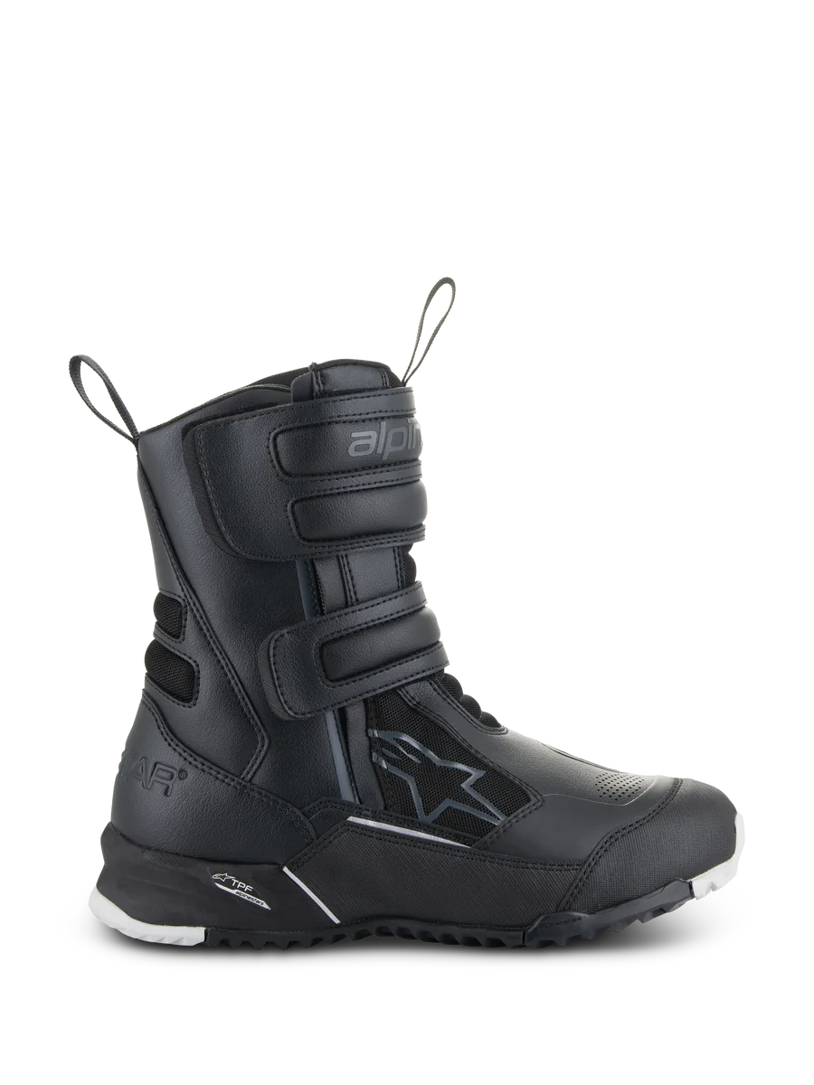 Alpinestars Women's Stella RT-7 Touring Drystar Boots, Black Motorcycle Touring Boots, side view showing triple velcro straps, waterproof microfiber and textile upper, reinforced heel with star logo, and durable lugged sole with white accents