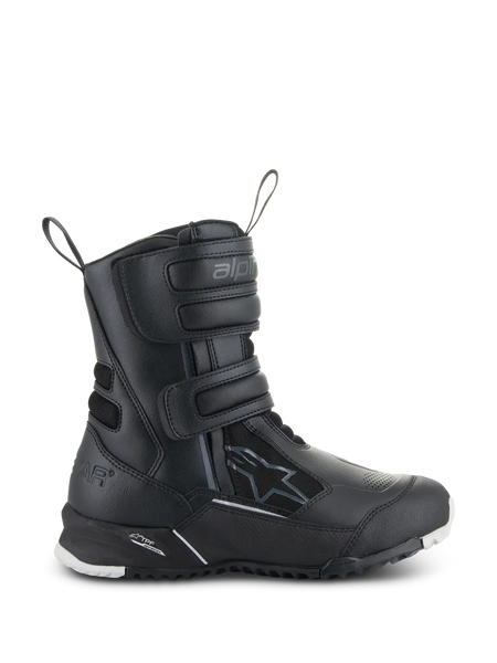 Alpinestars Women's Stella RT-7 Touring Drystar Boots, Black Motorcycle Touring Boots, side view showing triple velcro straps, waterproof microfiber and textile upper, reinforced heel with star logo, and durable lugged sole with white accents