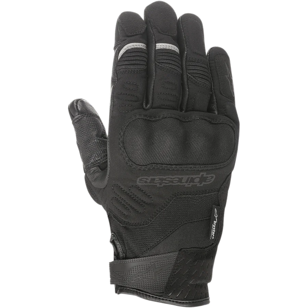 Alpinestars C-30 Drystar® Gloves, Black Motorcycle Gloves, featuring over-molded hard knuckle protection, stretch textile and softshell construction, Velcro wrist strap, and subtle grey reflective accents on the fingers.