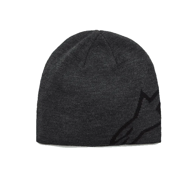 Alpinestars Corp Shift Beanie, Knit Beanie, Charcoal Heather and Black, featuring a large black jacquard Alpinestars logo on the side, sweater knit jersey stitch construction, casual motorsport-inspired winter headwear
