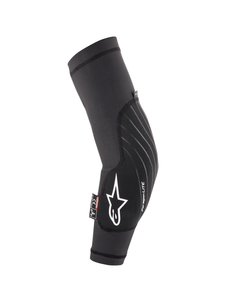 Alpinestars Youth Paragon Lite Elbow Protectors, Black, lightweight MTB mountain biking protection, breathable mesh sleeve with white star logo and Paragon LITE branding, ergonomic curved design with durable front panel