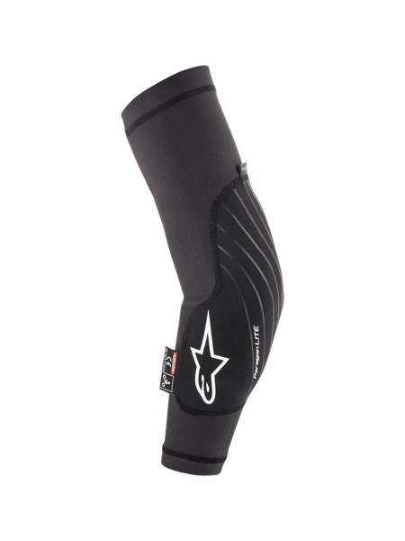 Alpinestars Youth Paragon Lite Elbow Protectors, Black, lightweight MTB mountain biking protection, breathable mesh sleeve with white star logo and Paragon LITE branding, ergonomic curved design with durable front panel