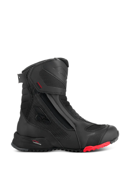 Alpinestars RT-7 Drystar Boots, Motorcycle Touring Boots, Black with Red Sole Accent, Waterproof and Breathable, Side Profile featuring Lateral Zip and Hook-and-Loop closure, Textured Textile Panels with Reflective Dots, Rugged Lugged Sole, Advanced Synthetic Construction