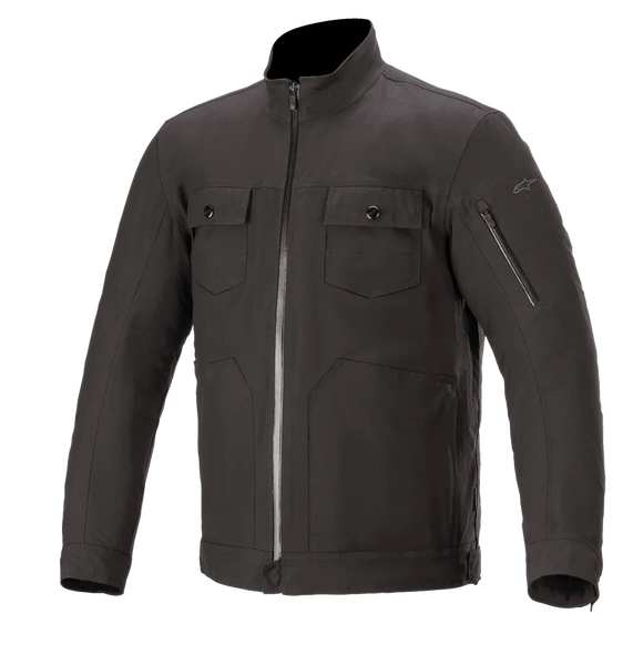Alpinestars Solano Waterproof Jacket, Urban Motorcycle Jacket, Black, high straight collar with central waterproof zipper, two buttoned chest pockets, zippered pocket on the sleeve, casual textile construction with a smooth finish