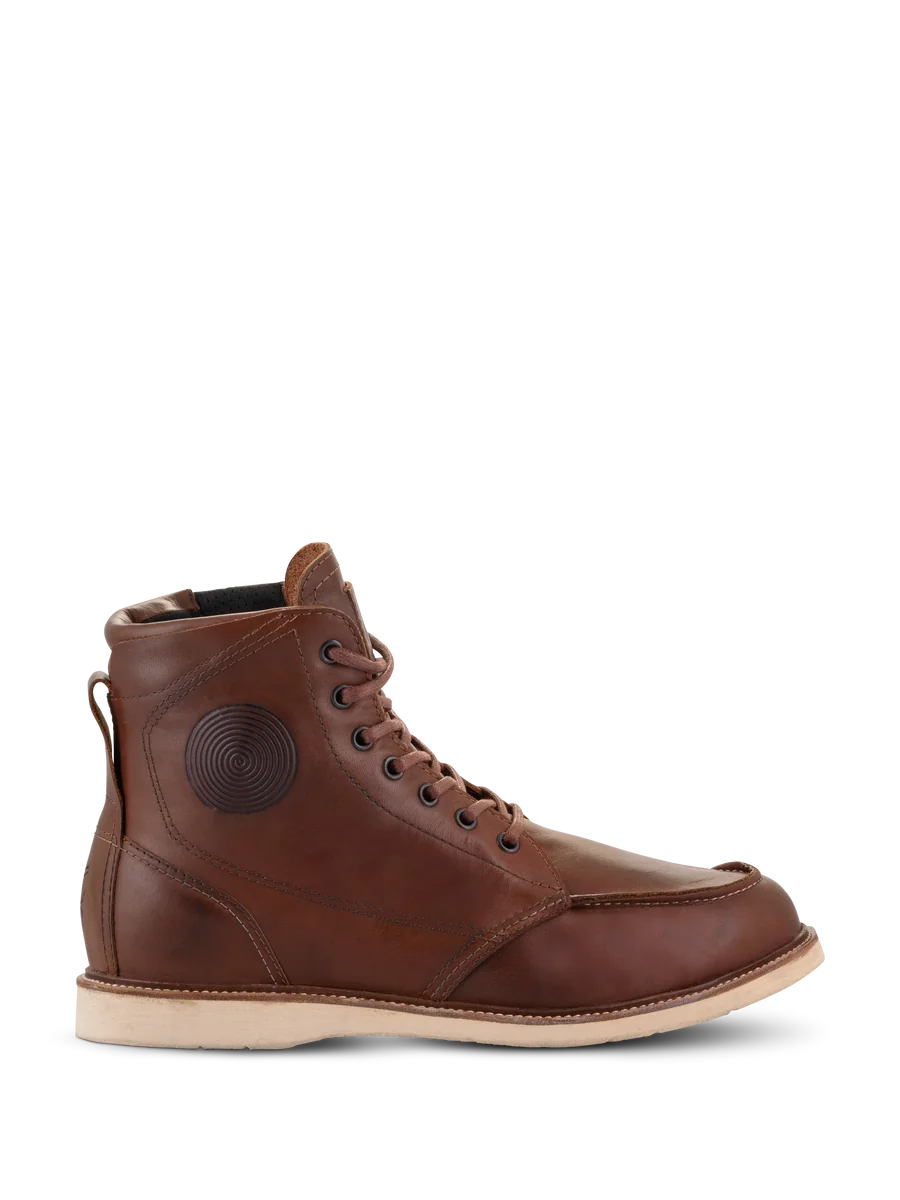 Alpinestars Oscar Monty V2 Shoes, Brown Leather Motorcycle Boots, White Wedge Sole, Moc Toe, Circular Embossed Ankle Detail, Heritage Urban Riding Footwear