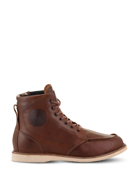 Alpinestars Oscar Monty V2 Shoes, Brown Leather Motorcycle Boots, White Wedge Sole, Moc Toe, Circular Embossed Ankle Detail, Heritage Urban Riding Footwear
