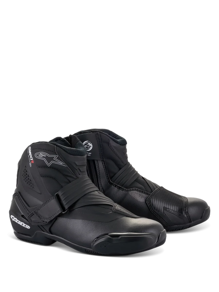 Alpinestars SMX-1 R V2 Boots, Black Low-Cut Motorcycle Riding Boots, featuring white logos with red accents, Velcro strap and side zipper closure, reinforced TPU protection, sleek aerodynamic design for road and sport riding