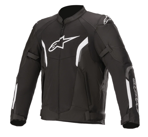 Alpinestars AST V2 Air Jacket, Motorcycle Racing Jacket, Black and White, sporty design with padded shoulders and elbows, front zipper, adjustable cuffs and waist straps, white chest and shoulder logos, durable protective material