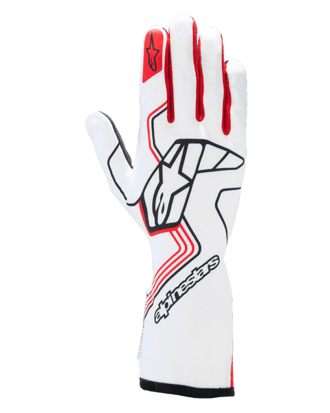 Alpinestars Tech-1 Race V4 Gloves, Auto Racing Gloves, White and Red with Black accents, featuring a bold black Alpinestars logo on the back of the hand, red star emblem on the index finger, professional full gauntlet design