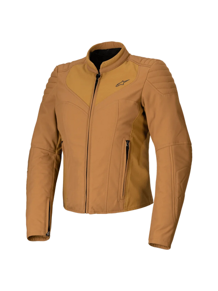 Alpinestars Isla WR Women's Jacket, Utility Brown Light Gold, Tan Women's Motorcycle Jacket, Slim Tailored Fit, High Biker Collar, Quilted Shoulder Detail, Front Zipper with Side Pockets, Technical Urban Riding Gear