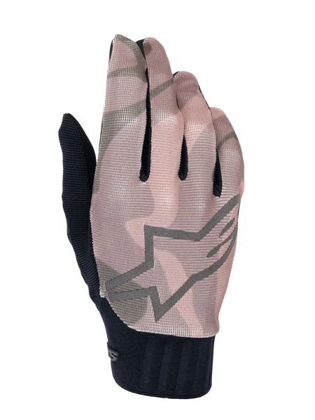 Alpinestars A-Dura Squad Gloves, Mountain Bike Gloves, Brown and Gray Camouflage Pattern, featuring a large star logo outline on the back, textured mesh upper, and black ribbed cuff