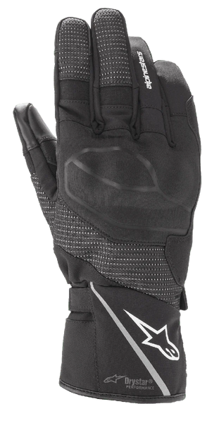 Alpinestars Andes V3 Drystar Glove, Black Motorcycle Touring Glove, goat leather and textile construction, featuring integrated knuckle armor, white Alpinestars logo on the cuff with a reflective stripe, textured finger panels, and Drystar Performance technology