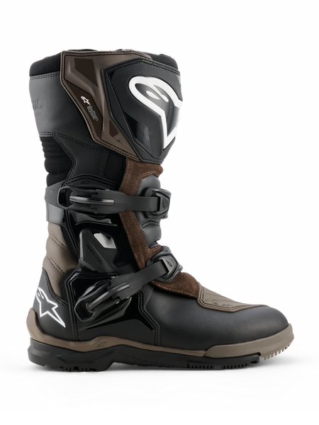 Alpinestars Corozal V2 Adventure Drystar Boots, Motorcycle Adventure Touring Boots, Brown and Black, waterproof construction with adjustable buckle straps, reinforced ankle and shin protection, rugged textured sole for all-terrain grip