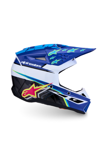 Alpinestars SM3 Youth Falcon Helmet, youth motocross gear, blue and white with neon yellow accents, ECE 22.06 and DOT certified.