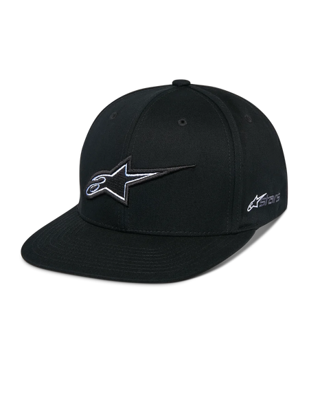 Alpinestars Thickness Snapback Hat, Black Baseball Cap with Flat Brim, White and Gray 3D Embroidered Star Logo, Side Astars Logo, Structured Design with Ventilation Holes, Casual Motorsport Headwear