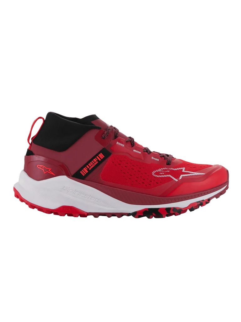 Alpinestars Meta XR V2 Shoes, Sport-Casual Shoes, Bright Red and Dark Red with White accents, featuring a single-piece mesh upper, black elastic collar, thick white midsole, and rugged red outsole with black camo patterns.
