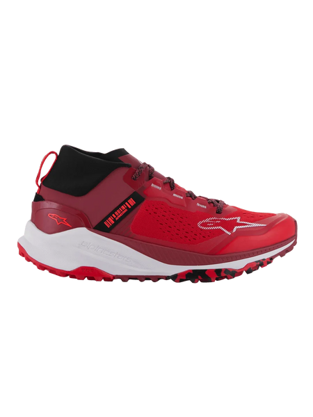 Alpinestars Meta XR V2 Shoes, Sport-Casual Shoes, Bright Red and Dark Red with White accents, featuring a single-piece mesh upper, black elastic collar, thick white midsole, and rugged red outsole with black camo patterns.