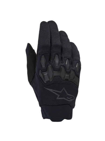 Alpinestars Full Bore V2 Gloves, Black Motocross Gloves, featuring ergonomic TPR knuckle protectors and breathable stretch fabric, subtle black star logo on the backhand, high-performance off-road gear