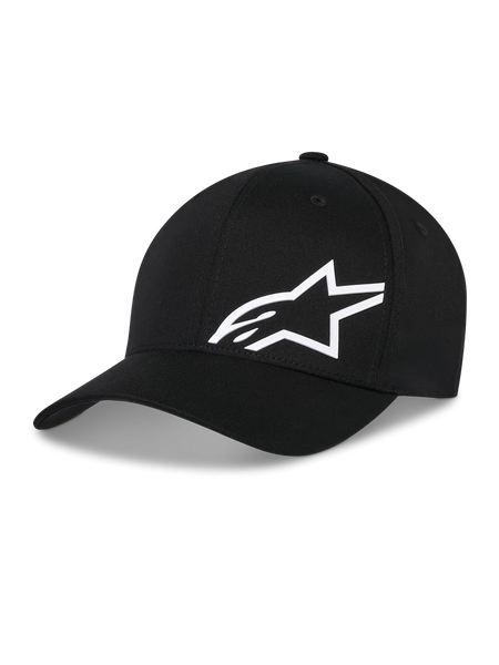 Alpinestars Corp Shift Multi Hat, black baseball cap with white 3D Astars logo, curved brim, structured crown, casual motorsport-inspired headwear