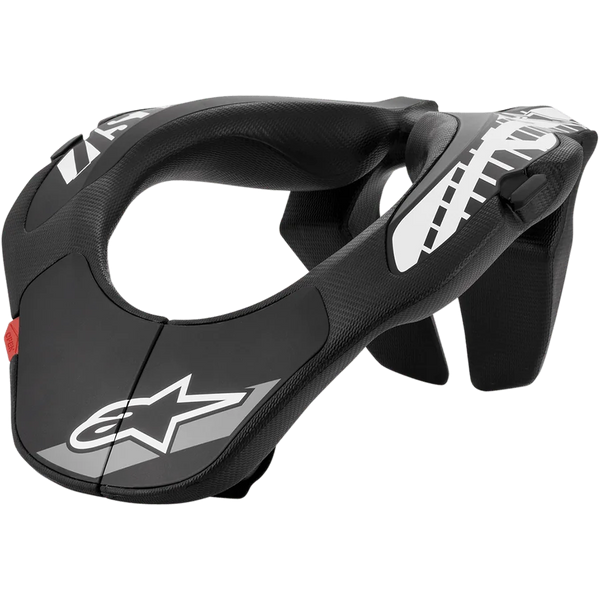 Alpinestars Youth Neck Support, Motocross Neck Brace, Black with White Graphics and Red Tab, Ergonomic Design with Textured Surface, Youth Protection Equipment