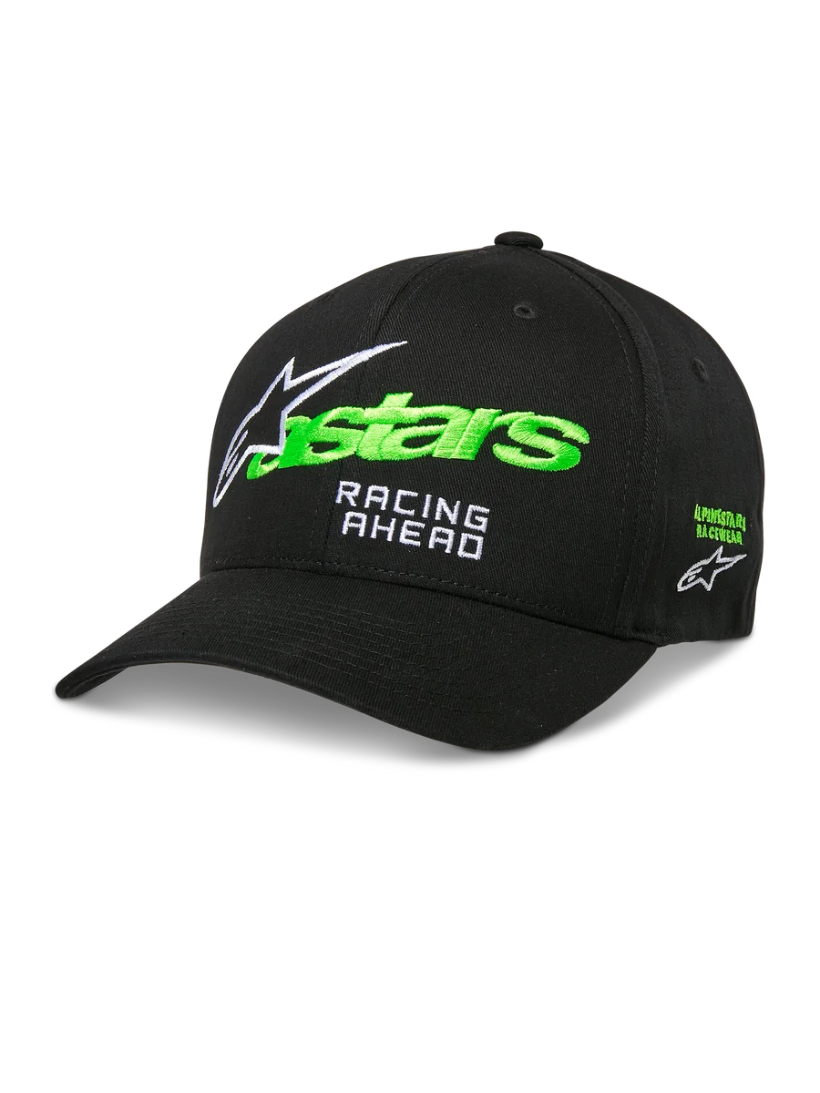 Alpinestars Entitled Hat, Black Baseball Cap with Green and White Embroidery, Curved Brim, Racing Ahead Logo, Unisex Motorsports Headwear