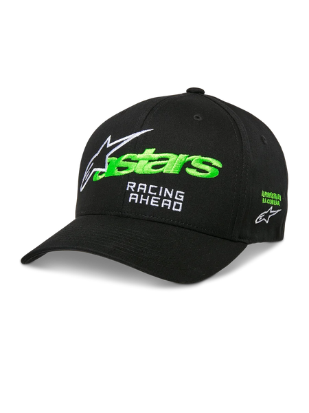 Alpinestars Entitled Hat, Black Baseball Cap with Green and White Embroidery, Curved Brim, Racing Ahead Logo, Unisex Motorsports Headwear
